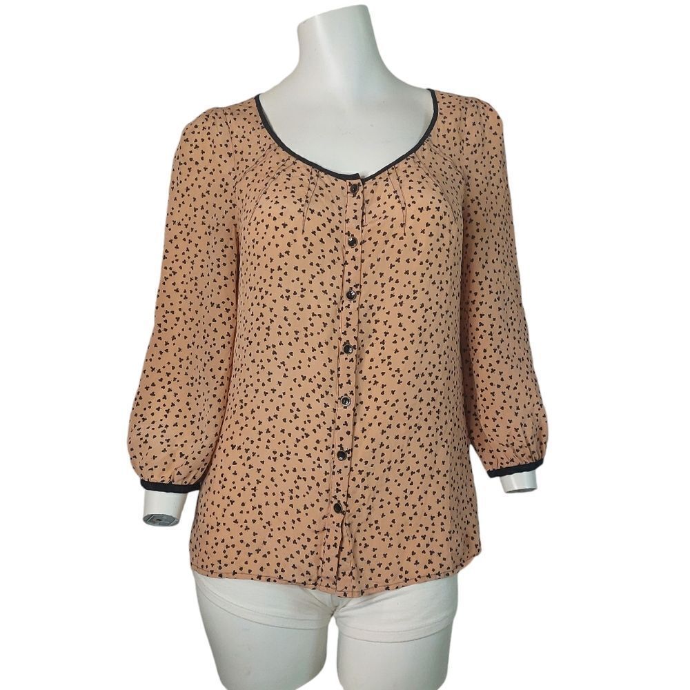 Women's Anthropologie Brand Odille Silk Button Hearts And Spades Novelty Blouse